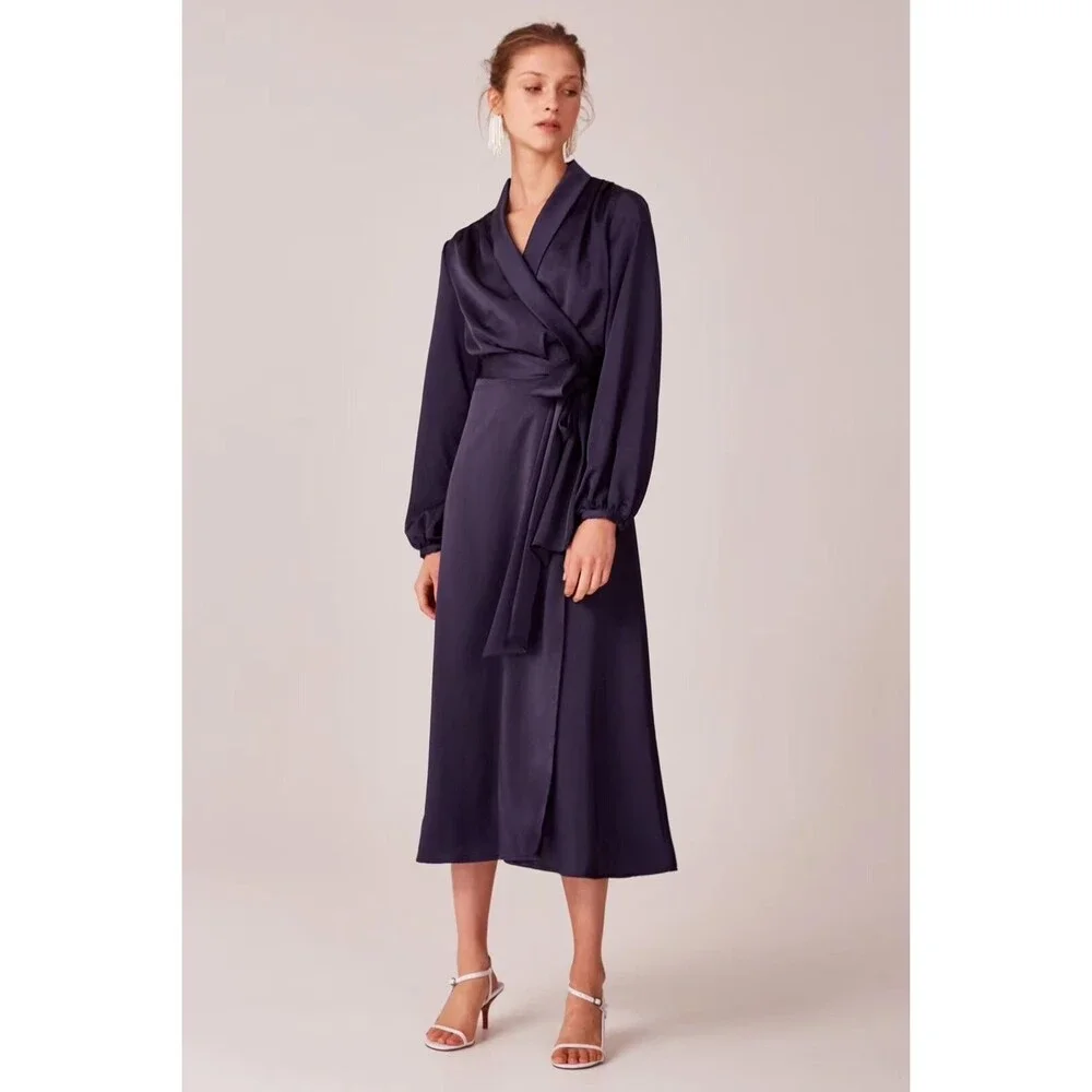 NWT C/MEO Collective Navy Satin Wrap Dress - Picture 1 of 4